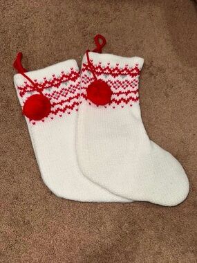 Target Red and White Knit Holiday Stockings with Pom Poms
